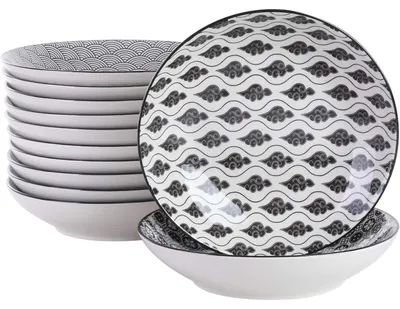 Obrázok produktu pre Súprava polievkových misiek, 12 kusov, porcelán, okrúhly tvar, objem 700 ml, čierna a krémová farba