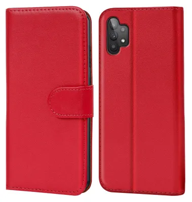A red book-style phone case is shown open and closed.