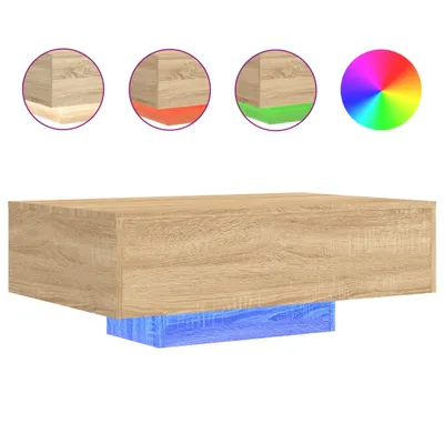 A wooden coffee table with blue LED lights underneath, shown against a white background. Three circular insets at the top show close-ups of the table's edges with different colored lights (white, red, green), and a fourth inset shows a color wheel.