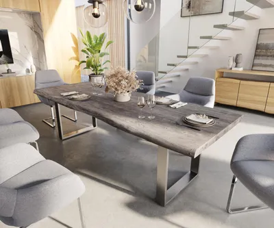 Produktbild von DELIFE Esstisch Edge 260x100 XL Akazie Platin Edelstahl Schmal Live-Edge