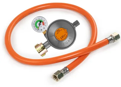 Produktbild von Gasdruckminderer 50 mbar mit Manometer & Gasschlauch 1/4" LH – 200 cm