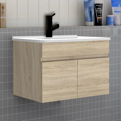 Produktbild von Badezimmer Badmöbel 60 cm Dünn Keramik Waschtisch mit Unterschrank Hängeschrank Badezimmerschränke Badschrank mit 2 Türen Eiche