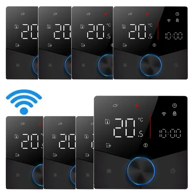 Produktbild von 8X Smart Tuya WiFi-Thermostat, Digital LED Raumthermostat Sprachsteuerung Wandthermostat fuer 3A Kesselheizung Fussbodenheizung mit dimmbarer Lichtfarbe programmierbarer kompatibel mit Tmall Genie, Amazon Google Home,Schwarz