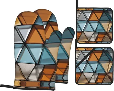 Produktbild von Bedrucktes 4-teiliges Küchenhandschuh- und Topflappen-Set mit Glasstrukturstreifen