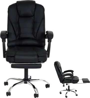 A black office chair with a silver base and wheels, shown from the front. A smaller, side view of the same chair with its footrest extended is also visible.