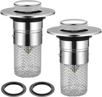 Produktbild von 2 STK Waschbeckenstöpsel, Abflussstopfen Waschbecken mit Haarsieb, Abflussfilter Edelstahl Waschbecken Stöpsel für 34-40mm abfluss ablauf, Universal Push Up Ablaufventil Abflusssieb für Waschbecken
