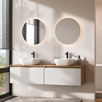Produktbild von Planetmöbel ARISA Doppelwaschtisch 160 cm in Weiß Geriffelt mit 2 LED Spiegel NOVA 60 cm und 2 weißen Keramik-Aufsatzwaschbecken 42 cm
