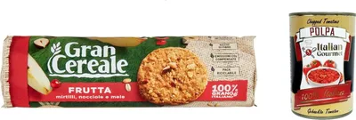 Produktbild von 12x Mulino bianco Gran Cereale Frutta, Frucht Kekse, voller Ballaststoffe 250g + Italian Gourmet polpa 400g