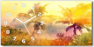 Produktbild von Wanduhr aus Glas – 60x30 cm - Glasbild - Glasuhr - Gehärtetes Glas - weisse-zeiger - Bunte Palmen