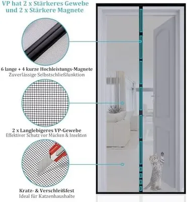 Produktbild von Apalus VP Fliegengitter Tür, Magnet Insektenschutz Balkontür 90x200 cm, 2 x Langlebiger als der Apalus Klassiker, Katzenkrallen Sicher, Stärkere Magneten, 3.8 cm Breites Klettband, Nicht Kürzbar