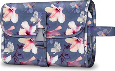 Produktbild von Fintie Tragbare Kulturtasche Kosmetiktasche Reisetasche, Große wasserdichte Aufhängen Make-up Organizer Stauraum Tasche für Damen Mädchen, (Blühender Hibiskus)