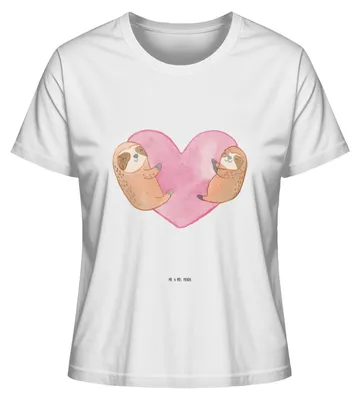 Produktbild von Mr. & Mrs. Panda Basic Shirt Damen Faultiere Herz Größe S - Weiß - Geschenk, für Partner, T-Shirt, Hochzeitstag, Freundin, Mit Print, Kurzarmshirt, Oberteil, Frauen