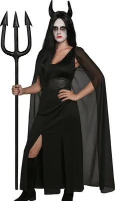 A woman in a devil costume holding a trident.