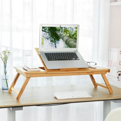 SONGMICS Laptoptisch, klappbarer und höhenverstellbarer Notebooktisch, mit Lüftungslöchern, für Links- und Rechtshänder, Betttisch aus Bambus mit Schublade, 72 x (21-29) x 35 cm (B x H x T) LLD004