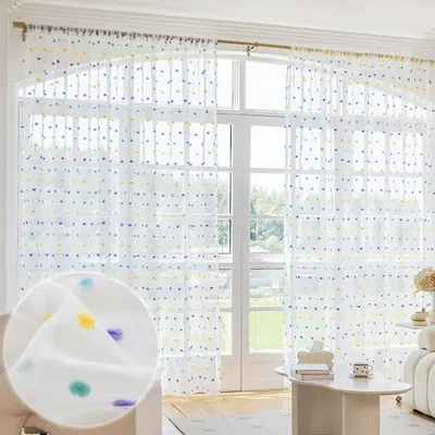 Produktbild von Pom Pom Vorhänge für Kinderzimmer Stangentasche Lichtfilter Regenbogen bestickt durchscheinende Vorhänge Voile Fenstervorhang 2 Stück 132x274cm