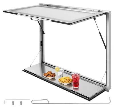 Produktbild von SucceBuy Verkaufsfenster für Foodtrucks 1220 x 915 x 80 mm aus Aluminiumlegierung, Imbisswagen-Fenster mit bis zu 85° Öffnungswinkel, Verkaufsklappe, Servierablage, Schlepphaken und Regenschutz