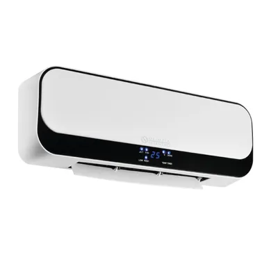 A white and black electric fan heater mounted on a white background.