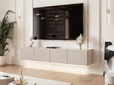 Image de Meuble TV bas Idohome Angel 200 cm cachemire mat - Meuble TV, meuble suspendu, LED, Push-to-Open, meuble TV, façade rainurée, meuble multimédia, salon