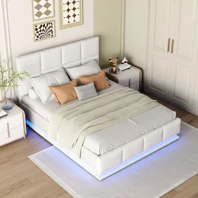 Produktbild von MODFU Boxspringbett Hydraulisches 140 x 200 cm mit LED-Beleuchtung, Polsterbett Funktionelles mit Verstellbares Kopfteil, Doppelbett Stauraumbett mit Bettkasten Stauraum, PolyurethanWeiß(Ohne Matratze)