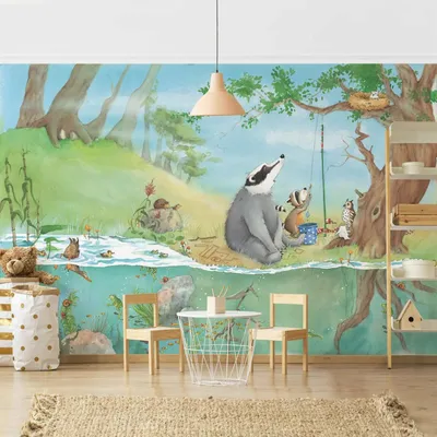 Produktbild von Fototapete Wald - Vliestapete - Bildtapete UV-beständig Design türkis Aquarell Illustration Wandtapete geruchsfrei