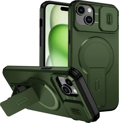 Image de Étui magnétique pour iPhone 15 Plus/iPhone 14 Plus, étui durable à deux couches avec protection coulissante de l'appareil photo et support réglable Vert