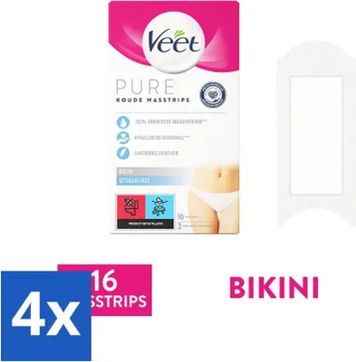 Produktbild von Veet Haarentfernungsstreifen für die Bikinizone, Pure Sensitive Skin, 16 Stück - Vorteilspack - 4 Stücke