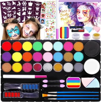 Produktbild von LPAOIS Kinderschminke Set, 27 Farben, 60 Schablonen, Strasssteine & Profi-Pinsel, auf Wasserbasis, für empfindliche Kinderhaut, leicht zu reinigen, für Fasching, Halloween & Karneval