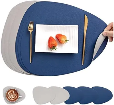 Produktbild von PolkaHome® Ledertischsets und Untersetzer Set aus 6 – Wasserdicht, Doppelseitig, Rutschfest, Blau/Grau