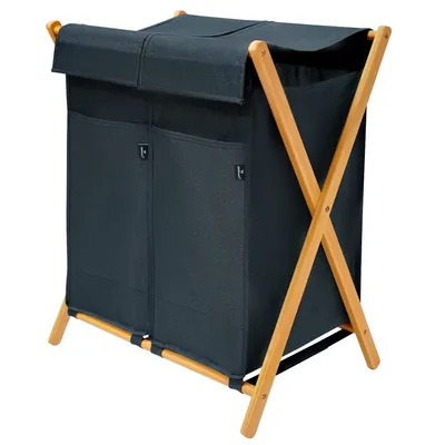 Produktbild von Bamboowasverzamelaar mit 2 Einfachwaschbecken, 100 l, wassortersystem, houten Waschbecken, Waschbecken mit Deckel, X-förmige Bambusplatten (100 l, grau)