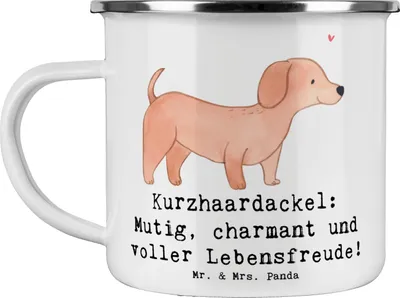 Produktbild von Mr. & Mrs. Panda Emaille Tasse Mutiger Dackel - Weiß - Geschenk, Kurzhaar, treuer Begleiter, Hunderasse, Haferl, Teetasse, treue, Hunderassen Charakter, tapfer, becher