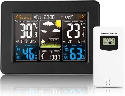 Produktbild von Digitales Wettergerät - Mit Außensensor, Uhr, Datum, Temperatur, Luftfeuchtigkeit, Barometer, Alarm, Mondphasen, multifunktional (schwarz)