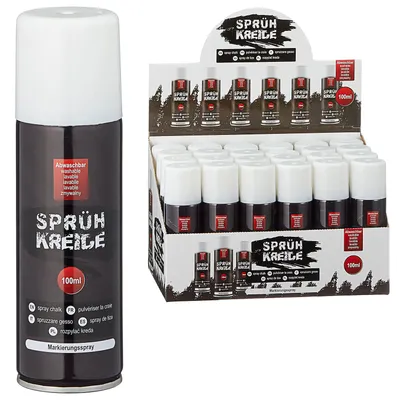 Produktbild von Kreidespray Weiß 24er Set 4,5x15x5cm VOC 32% Dosenvolumen 175ml Sprühkreide Markierungsspray Dosenspray wasserlöslich Kreidefarbe temporär