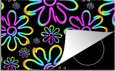 Produktbild von KitchenYeah© Herdabdeckplatte Blumen - Neon - Muster - Psychedelisch , 81x52cm, Küche Deko, Glaskeramikkochfeld Herdabdeckung, Abdeckplatte fùr Kochfeld
