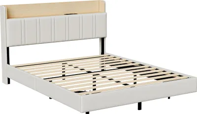 Obrázek produktu pro ProximaX Moderní plovoucí postel 140x200 cm s LED osvětlením, USB připojením a úložným prostorem v čele postele - Bílá manželská postel zPolyuretankůže s plovoucím designem