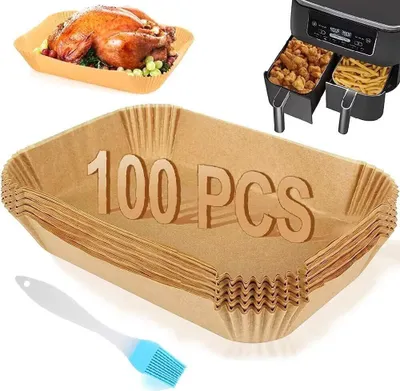 Produktbild von Backpapier für Heißluftfritteuse, 100 Stück 22x14cm Rechteckig Airfryer Backpapier Pergamentpapier Liner, Air Fryer Zubehör + Ölbürste