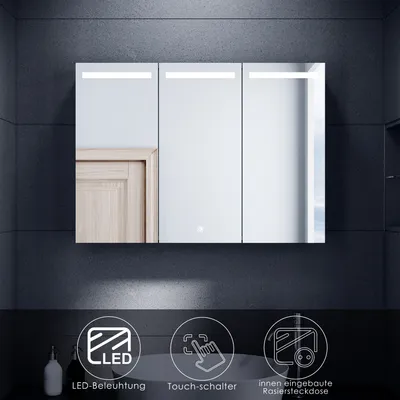Produktbild von SONNI Edelstahl Spiegelschrank Bad mit LED Beleuchtung & Rasiersteckdose 90x65x13cm 3-türig Touch-Schalter