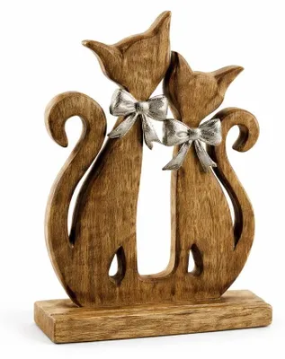 Katzenpaar-Figur aus Mangoholz mit Alu-Deko, 21,5 x 15 cm, natur-silber