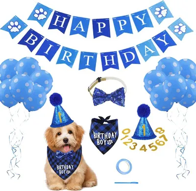 Produktbild von Bandana Hunde Zubehör Set Hund Geburtstag Bandana Set Schals Fliege Halsband Hund Geburtstag Deko für Partyzubehör Blau