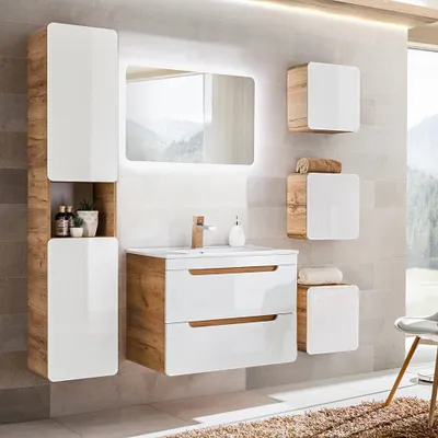 Produktbild von Badmöbel Komplett-Set mit 81 cm Keramik-Waschtisch & LED-Spiegel LUTON-56 Hochglanz weiß mit Wotan Eiche Nb., B/H/T ca. 180/200/46 cm