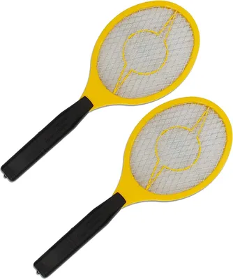 Two yellow electric fly swatters with black handles are shown against a white background.