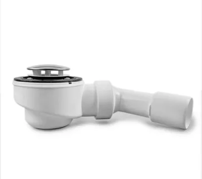 A white shower drain with a silver top, set against a plain white background.