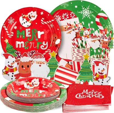 Image de Noël Set de vaisselle de fête 16 invités Assiettes en carton Gobelets Pailles