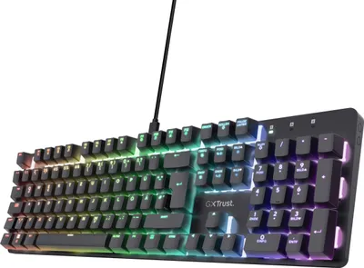 Produktbild von Trust GXT 871 Zora Mechanische Tastatur Deutsches QWERTZ Layout mit RGB Beleuchtung, Lineare Huano Switches, N-Key Rollover Anti-Ghosting, USB Programmierbare Gaming Tastatur für PC Laptop