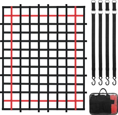 Zdjęcie produktu dla Siatka ładunkowa VEVOR, 2440 x 1830 mm, siatka do przestrzeni ładunkowej ciężarówki, 4 regulowane pasy z klamrami i hakami w kształcie litery S, siatka transportowa odporna na zużycie i warunki atmosferyczne