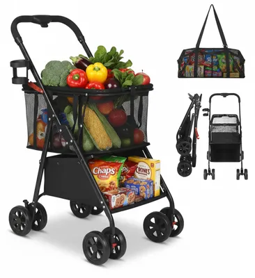 Produktbild von Faltbarer Einkaufsroller - Einkaufstrolley - 2-stöckige Ablage - 360° drehbare Räder - Abnehmbare Stofftasche - Für Einkauf und Wäsche - Schwarz