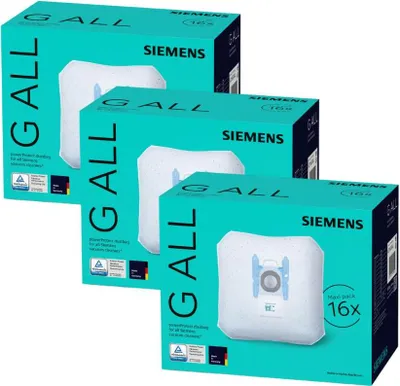 Three boxes of Siemens vacuum cleaner bags stacked diagonally.