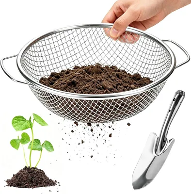 Imagen del producto de Tamiz de acero inoxidable para jardín y suelo, de 30 cm, con asa, ideal para trabajos de jardinería