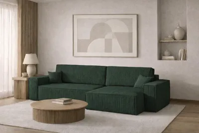 Image de Canapé d'angle avec fonction sommeil et coffre de lit BEST XL, tissu Poso velours côtelé épais, vert, droite