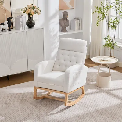 Productafbeelding van MODFU Schommelstoel met uitschuifbare voetsteun en zijvakken, loungestoel met ruitvormige rugleuning, massief houten frame, 66,5 x 121,5 x 102 cm, wit