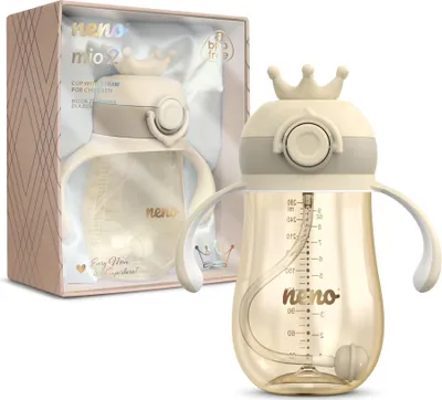 A NENO Mio 2 cream bottle with a straw for children, presented in its packaging and also shown individually.